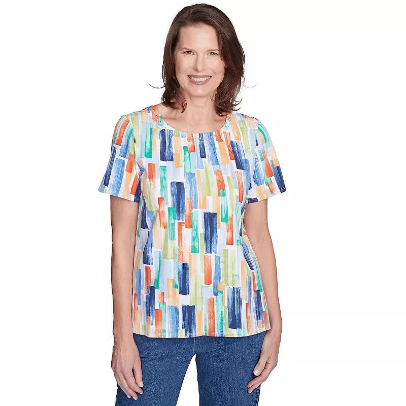 Women's Alfred Dunner Stained Glass Pleated Crew Neck Top, Size: Small, Multi Blue Product Image