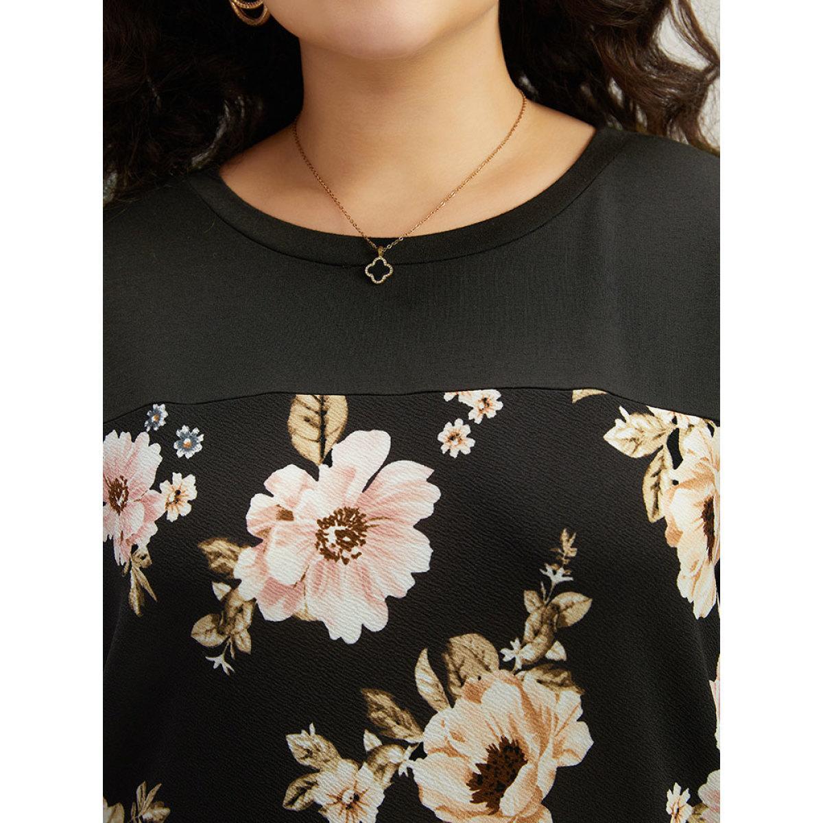 Plus Size Floral Print Patchwork Round Neck Sweatshirt Women Black Elegant Patchwork Round Neck Dailywear Sweatshirts BloomChic 22-24/3X Product Image