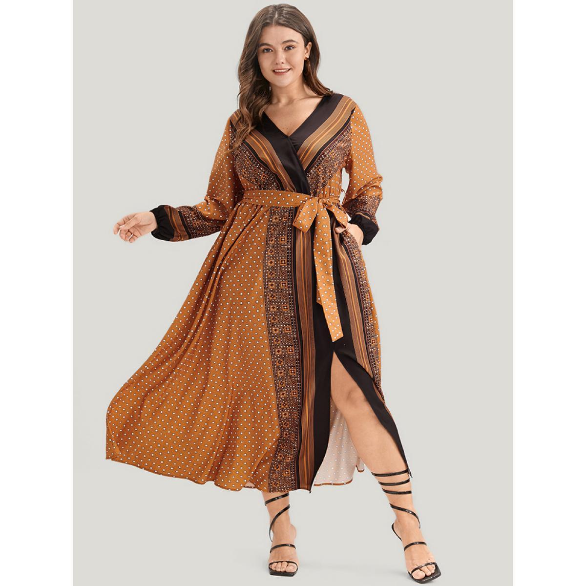 Plus Size Geometric Split Pocket Belted Wrap Lantern Sleeve Dress Bronze Women Vacation Belted V-neck Long Sleeve Curvy Midi Dress BloomChic 18-20/2X Product Image