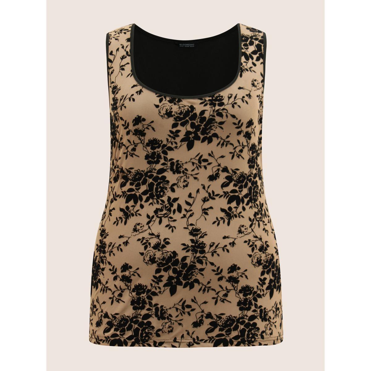 Plus Size Silhouette Floral Print Flocking Square Neck Tank Top Women Champagne Elegant Texture Square Neck Everyday Tank Tops Camis BloomChic 12/L Product Image
