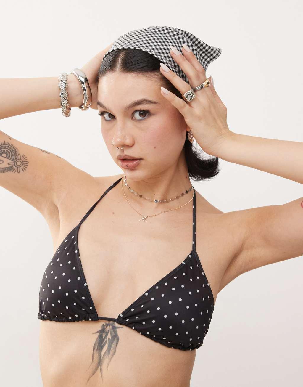 Monki mix and match triangle tie up bikini top in black and white polka dot Product Image