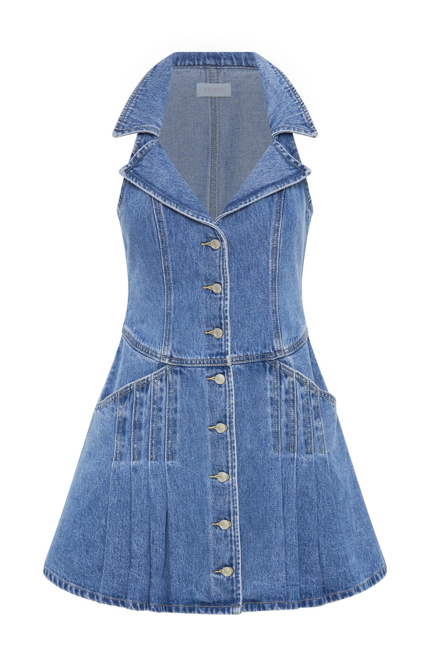 Porter Collared Denim Mini Dress - 70'S Blue Product Image