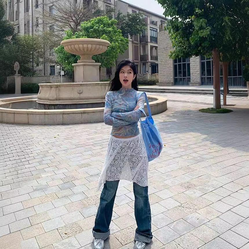 Long Sleeve Mock Neck Patterned Print Mesh Top Product Image