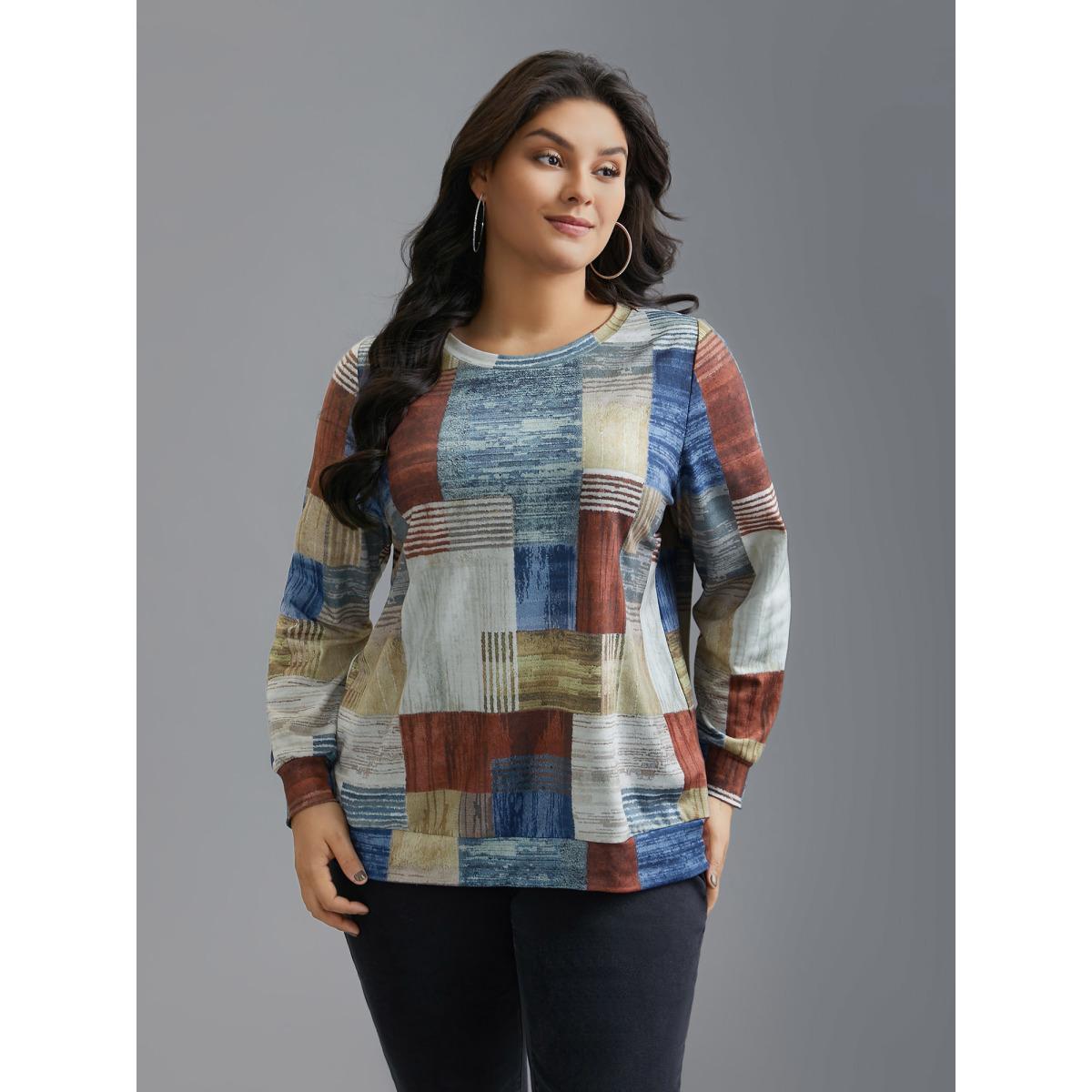 Plus Size Geometric Print Round Neck Sweatshirt Women Multicolor Casual Non Round Neck Everyday Sweatshirts BloomChic 10/M Product Image