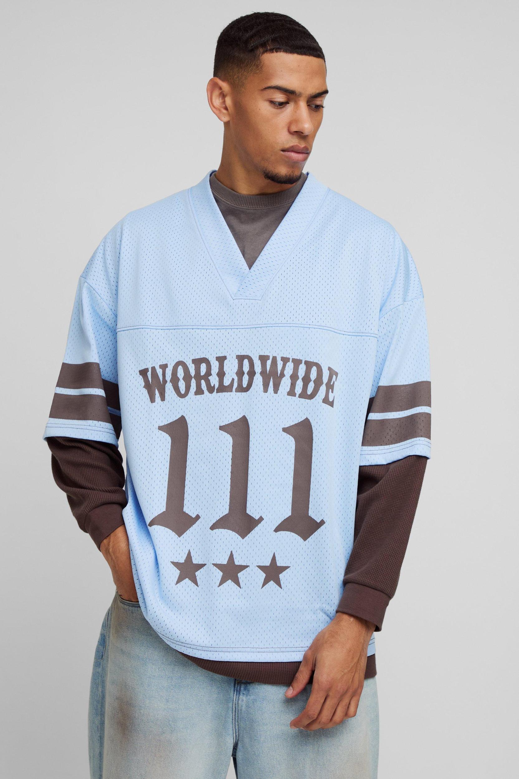 Regular Fit Varsity V Neck Moto Print Waffle & Airtex T-Shirt With Faux Layer Hem | boohooMAN USA Product Image