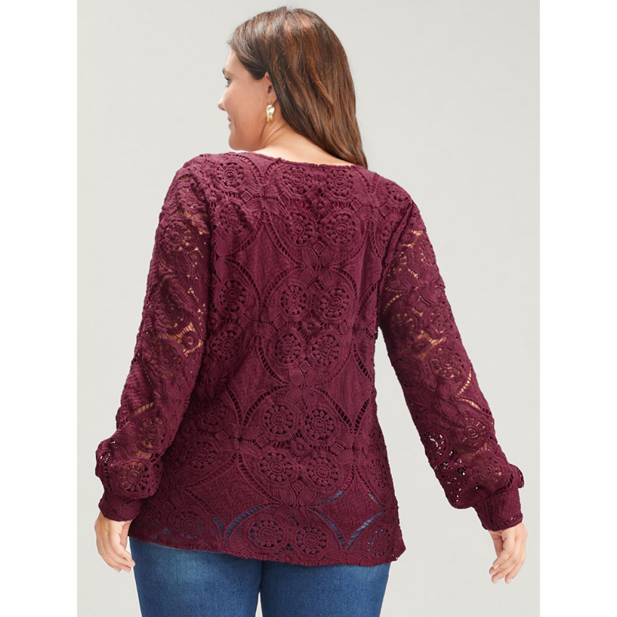 Plus Size Burgundy Solid Crossover Hem Lace Blouse Women Glamour Long Sleeve V-neck Going out Blouses BloomChic 22-24/3X Product Image