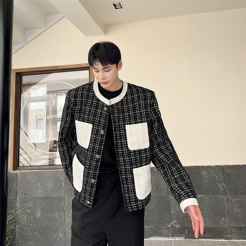 Round Neck Panel Tweed Button Jacket Product Image