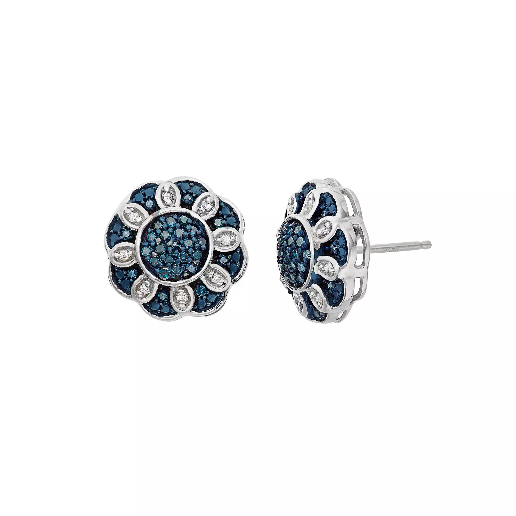 Jewelexcess 1/3 Carat T.W. Blue and White Diamond Sterling Silver Flower Stud Earrings, Women's Product Image