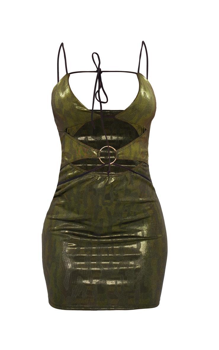 Green Metallic Printed Jersey Cut Out Ring Detail Strappy Bodycon Dress Product Image