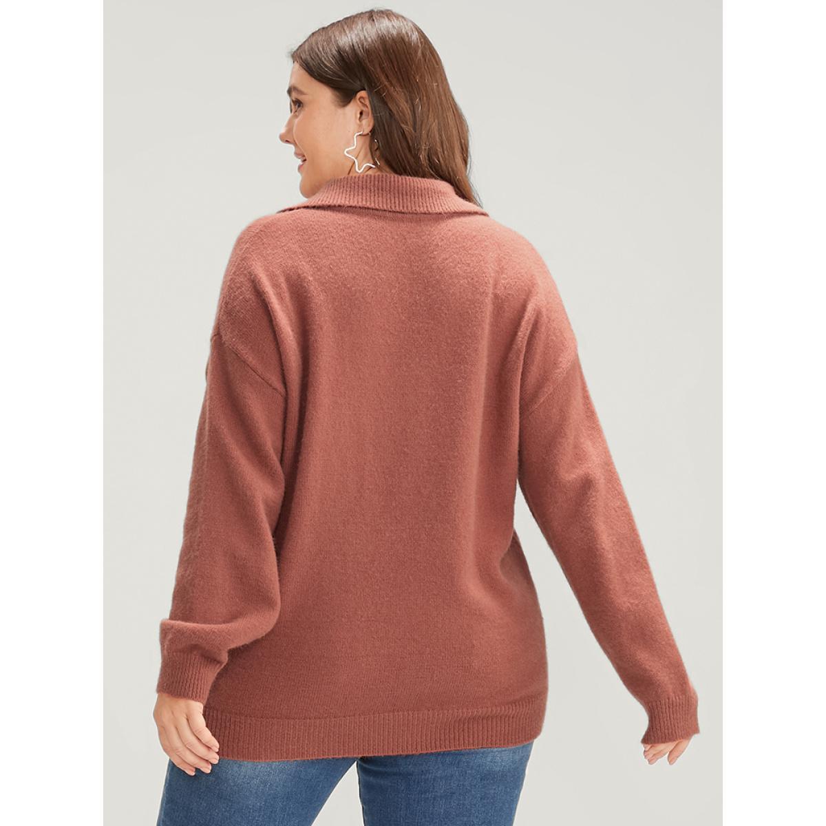 Plus Size Solid Super Soft Knit Lapel Collar Fluffy Knit Top Russet Women Casual Loose Long Sleeve Lapel Collar Dailywear Pullovers BloomChic 26/4X Product Image