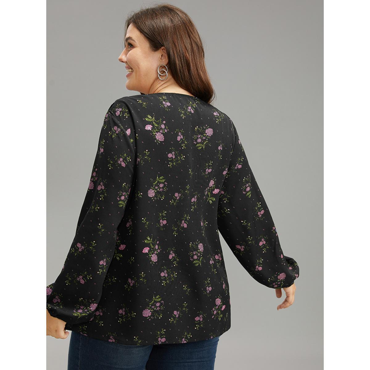 Plus Size RedViolet Ditsy Floral Lantern Sleeve Frill Trim Blouse Women Elegant Long Sleeve V-neck Dailywear Blouses BloomChic 22-24/3X Product Image