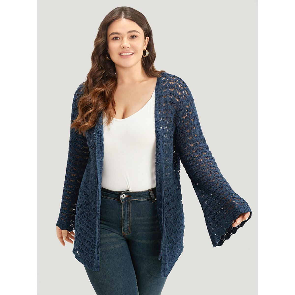 Plus Size Solid Eyelet Ties Front Bell Sleeve Cardigan Indigo Women Casual Loose Long Sleeve Dailywear Cardigans BloomChic 14-16/1X Product Image