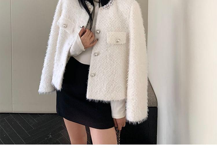 Round Neck Plain Beaded Faux Pearl Button Jacket Product Image