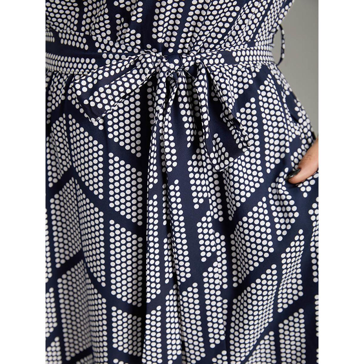 Plus Size Polka Dot Geometric Keyhole Belted Dress Indigo Women At the Office Belted Keyhole Cut-Out Half Sleeve Curvy Midi Dress BloomChic 10/M Product Image