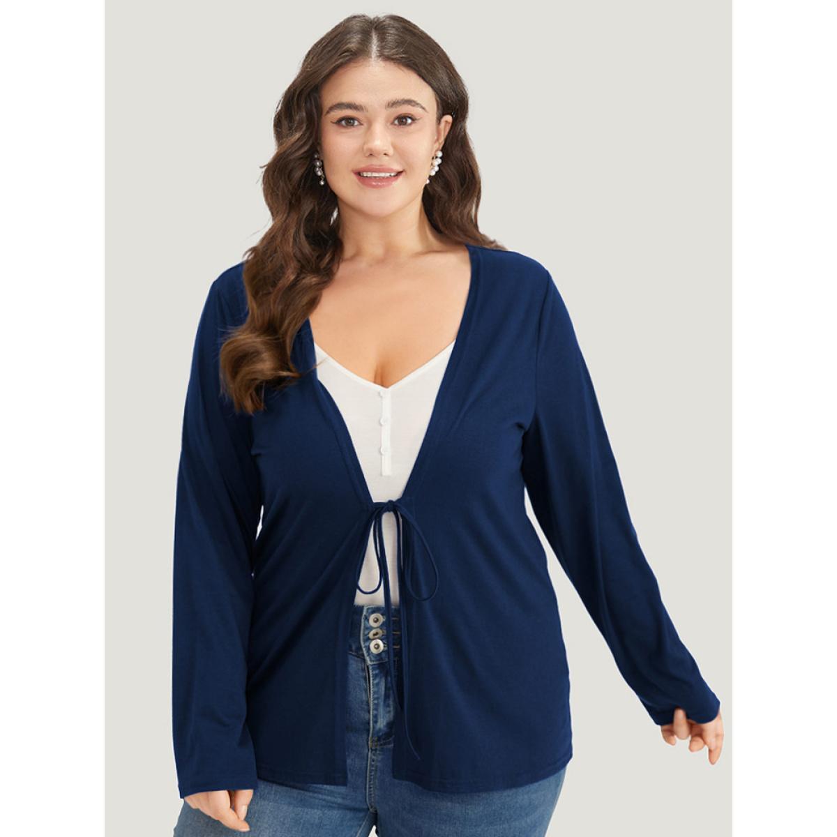 Plus Size Plain Ties Open Front Kimono Women DarkBlue Casual Plain Everyday Kimonos BloomChic 26/4X Product Image