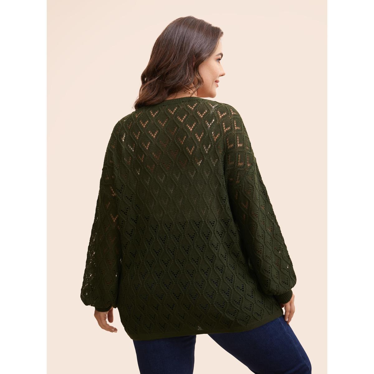 Plus Size Texture Button Up Hollow Out Cardigan ArmyGreen Women Casual Loose Three Quater Length Sleeve Everyday Cardigans BloomChic 26/4X Product Image