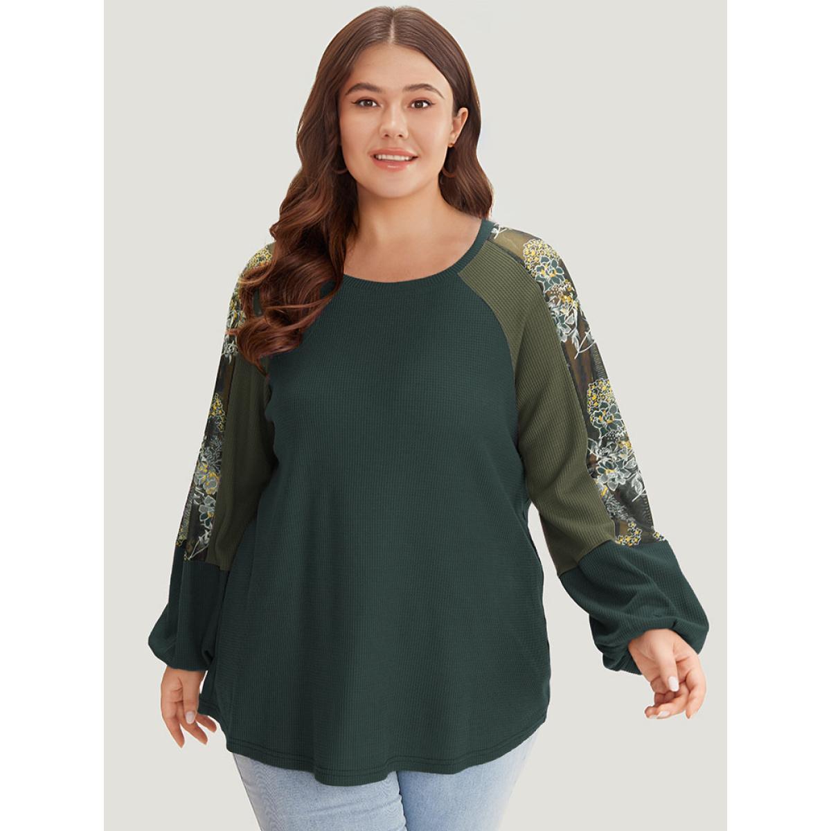 Plus Size Floral Mesh Patchwork Lantern Sleeve Sweatshirt Women Emerald Elegant Patchwork Round Neck Dailywear Sweatshirts BloomChic 14-16/1X Product Image