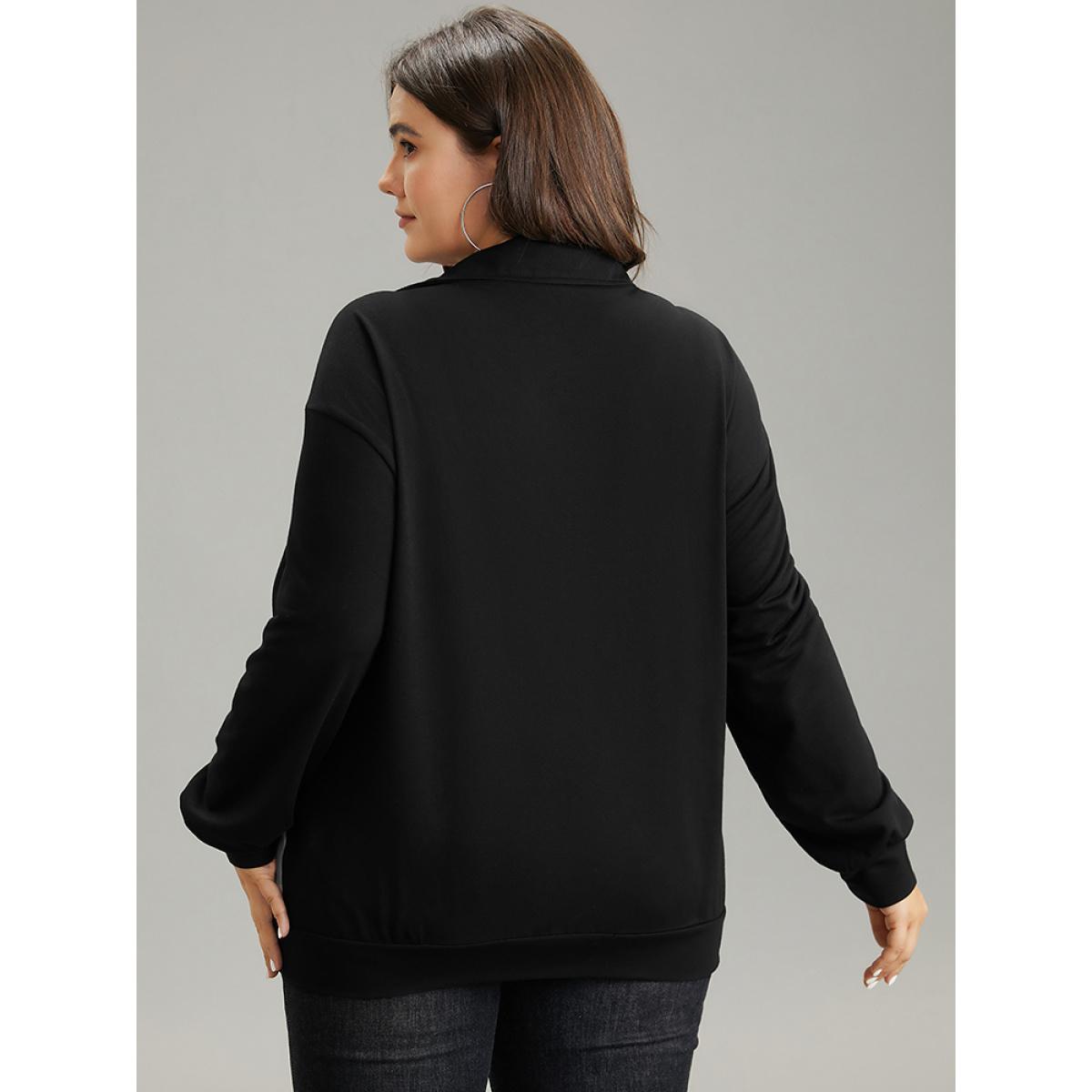 Plus Size Zipper Striped Contrast Polo Neck Sweatshirt Women Black Casual Contrast Polo Dailywear Sweatshirts BloomChic 28/5X Product Image