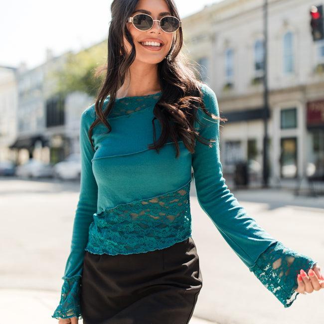 Full Of Joy Teal Asymmetrical Hem Lace Detail Top FINAL SALE Product Image