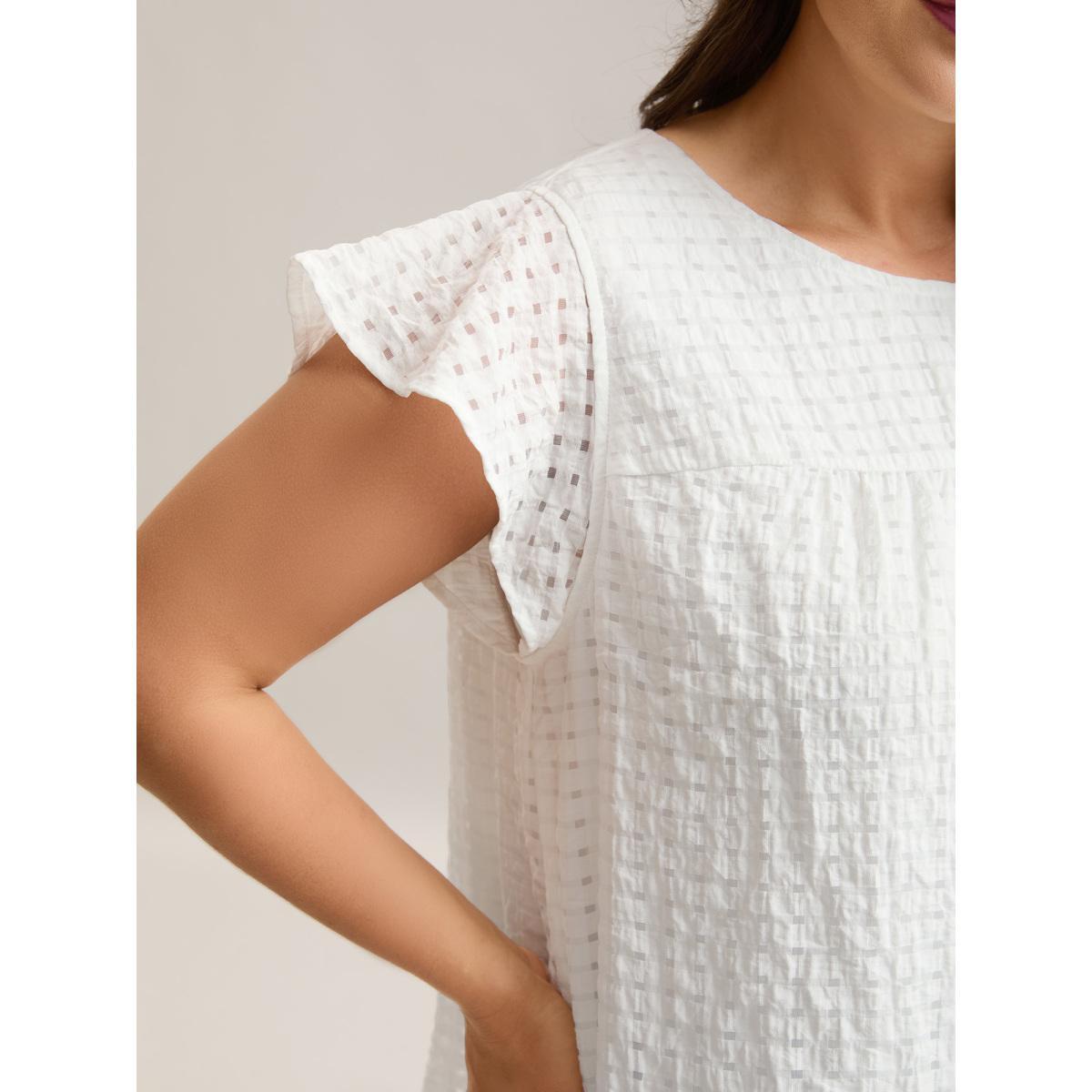 Plus Size WhiteSmoke Textured Sheer Lined Flutter Sleeve Blouse Women Cap Sleeve Round Neck Everyday-Casual Blouses BloomChic 14-16/1X Product Image
