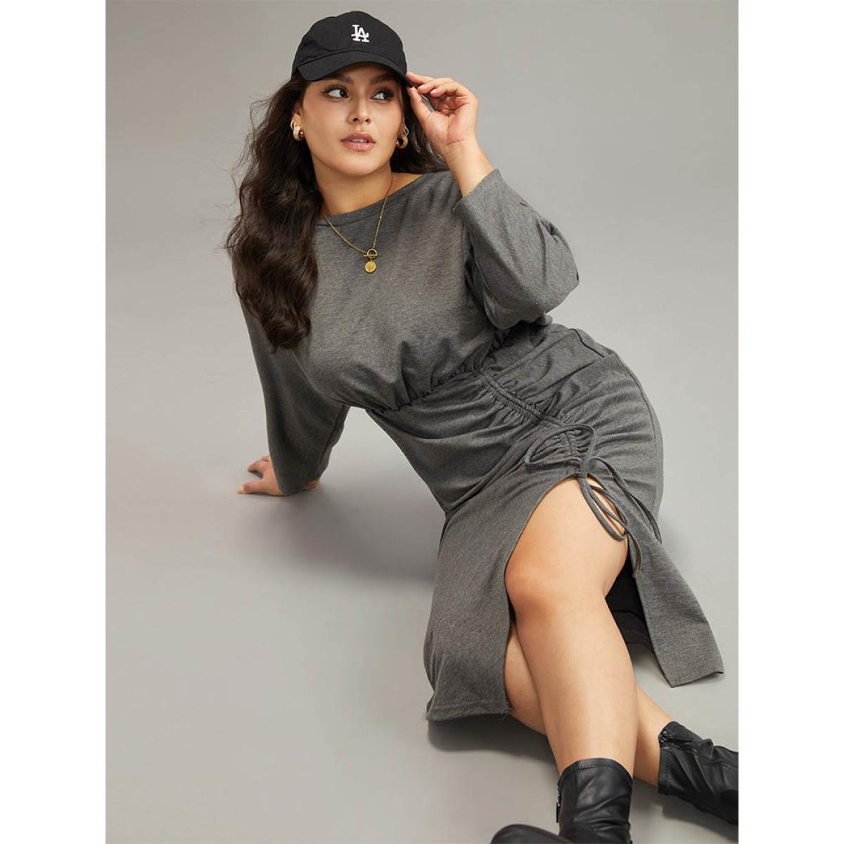 Plus Size Split Hem Drawstring Batwing Sleeve Dress DimGray Women Casual Plain Round Neck Elbow-length sleeve Curvy Midi Dress BloomChic 14-16/1X Product Image