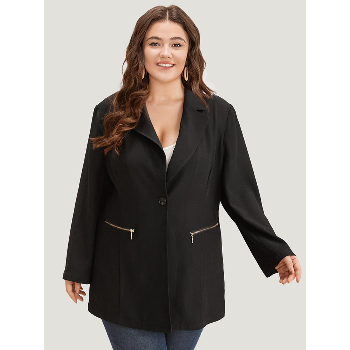 Plus Size Lapel Collar Zipper Button Up Blazer Black Women Work Plain Plain Sleeve Long Sleeve Lapel Collar 26/4X Pocket Office Blazers BloomChic Product Image