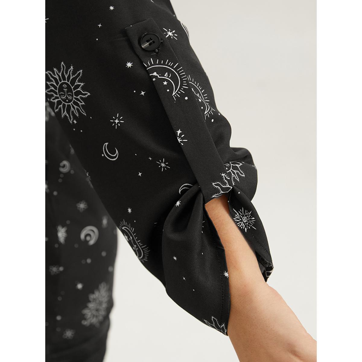 Plus Size Black Halloween Moon & Star Print Pleated Tab Sleeve Blouse Women Elegant Elbow-length sleeve V-neck Festival-Halloween Blouses BloomChic 26/4X Product Image
