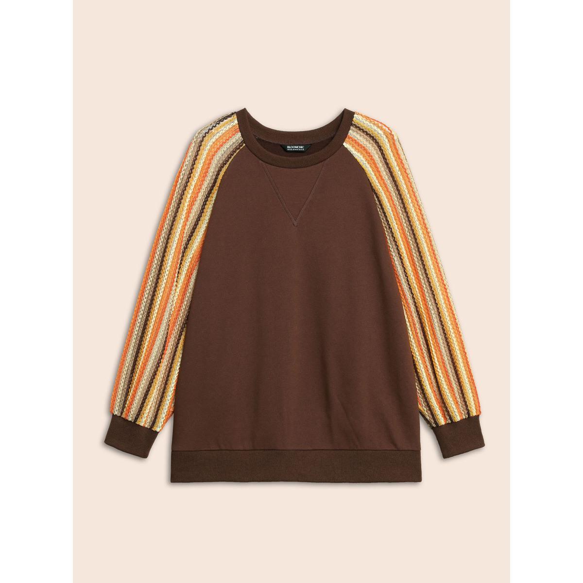 Plus Size Striped Textured Patchwork Raglan Sleeve Sweatshirt Women DarkBrown Casual Texture Round Neck Everyday Sweatshirts BloomChic 22-24/3X Product Image