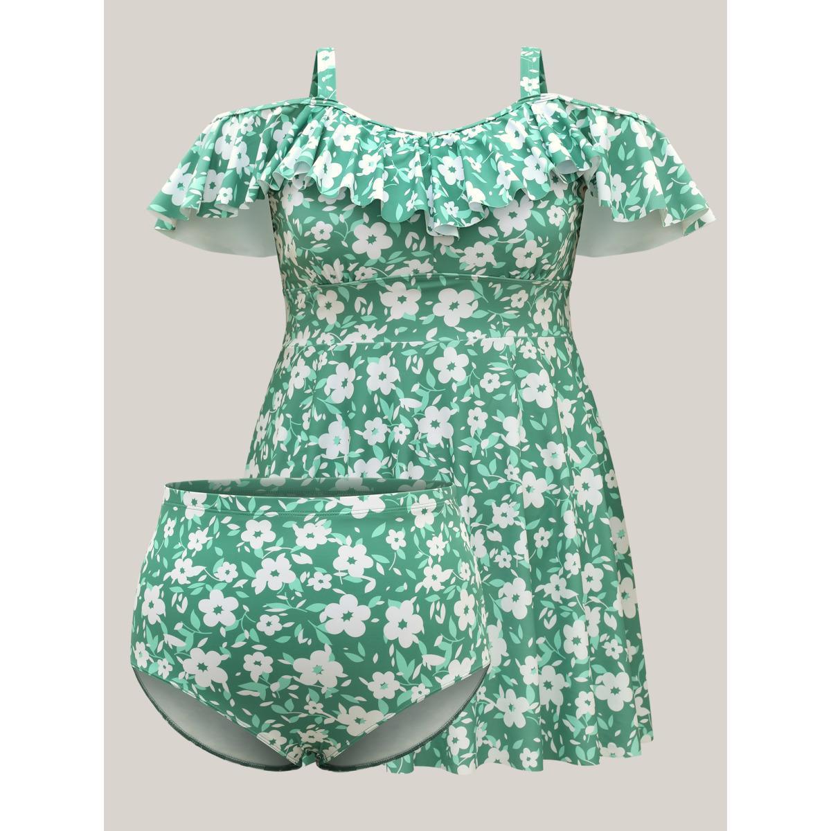 Plus Size Ditsy Floral Print Ruffled Swim Dress Women's Swimwear Greenbean Beach Bodycon One-shoulder neck High stretch Curve Swim Dresses BloomChic 18-20/2X Product Image