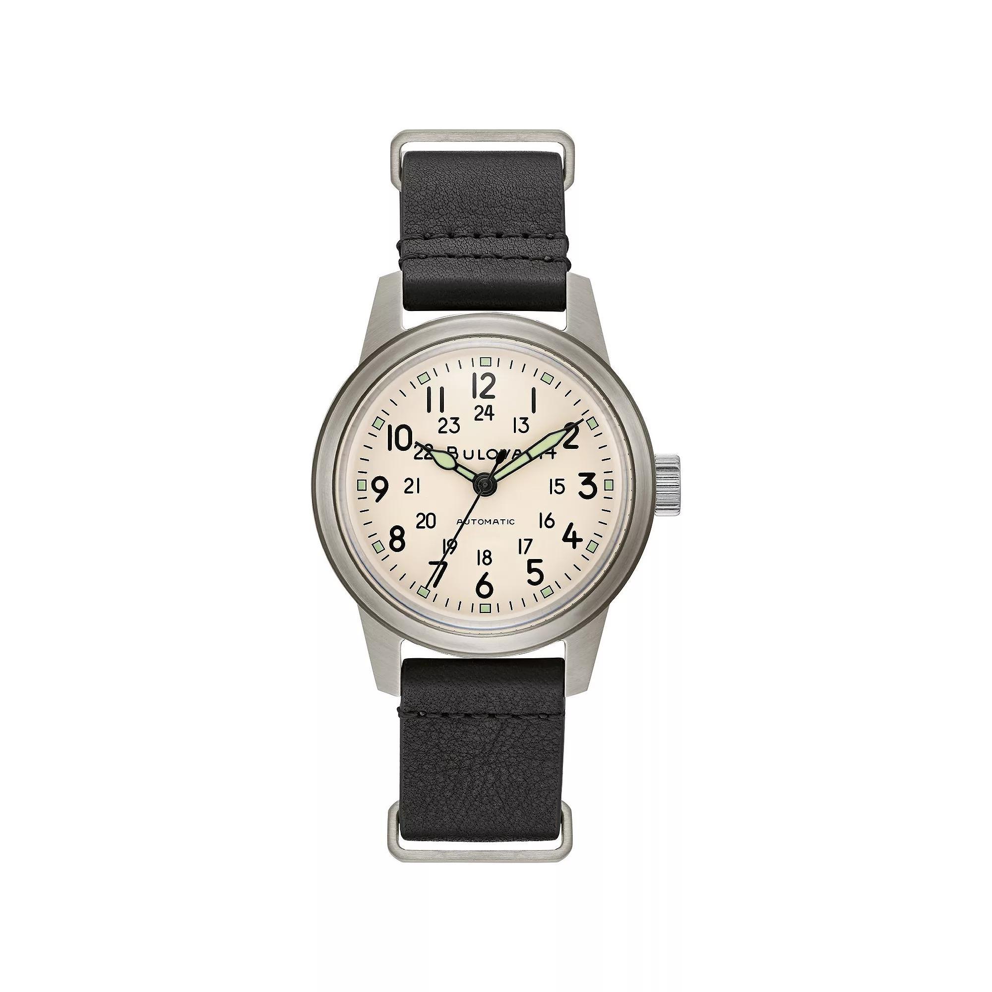 Bulova Mens Automatic Military Leather NATO Strap Watch - 96A246K Black Product Image