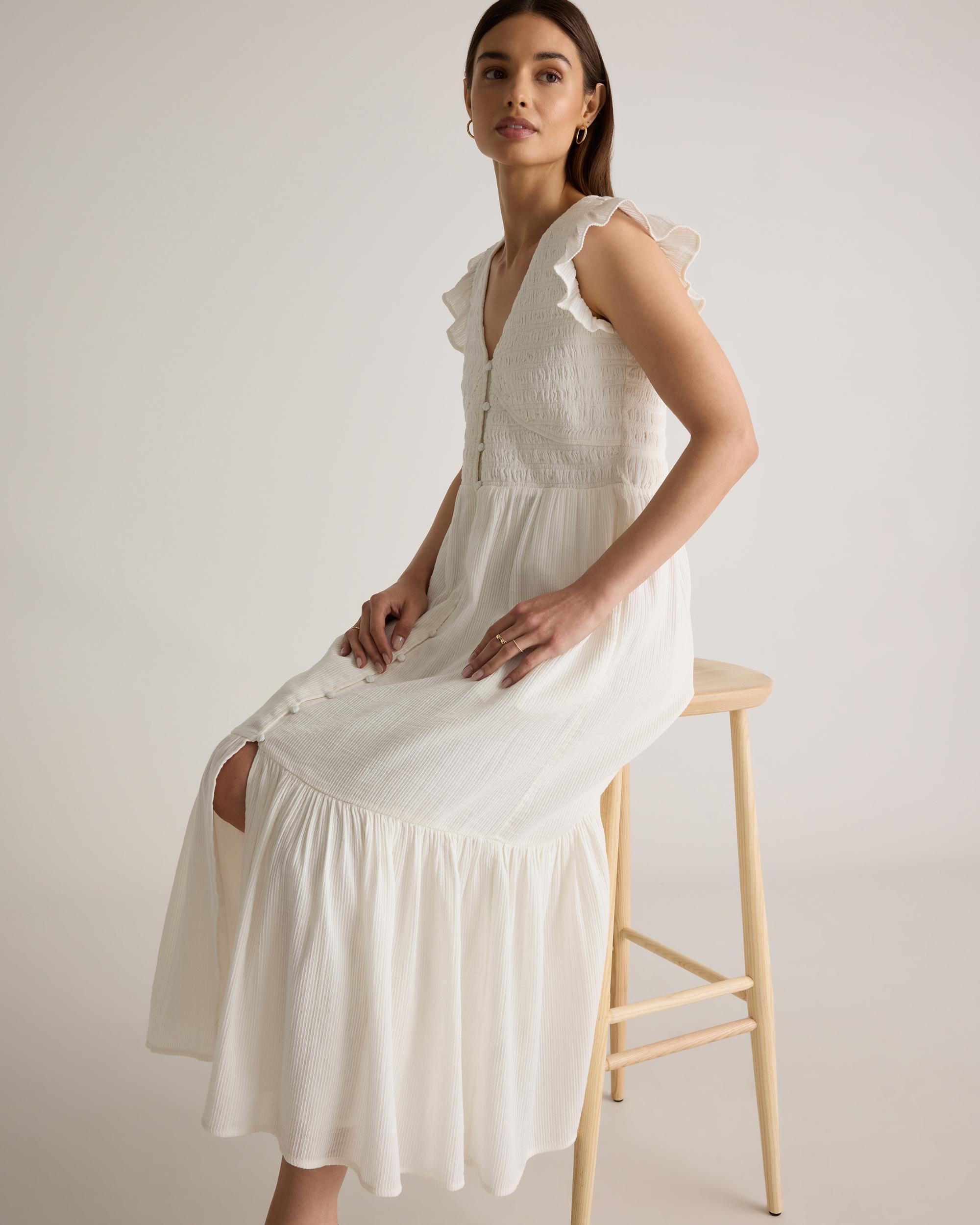 Quince | Women's Organic Textured Cotton Smocked V-Neck Midi Dress Size XL, Organic Cotton Product Image