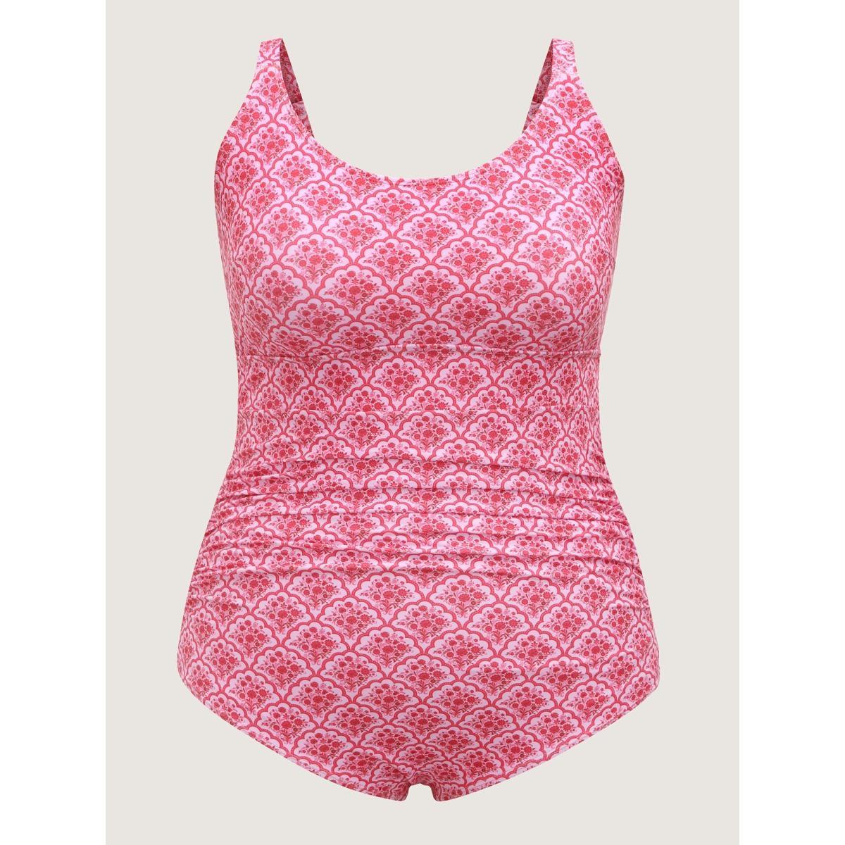 Plus Size Geometric Print Ruched One-Piece Swimsuit Women's Swimwear Peach Beach Gathered Curve Bathing Suits High stretch One Pieces BloomChic 18-20/2X Product Image