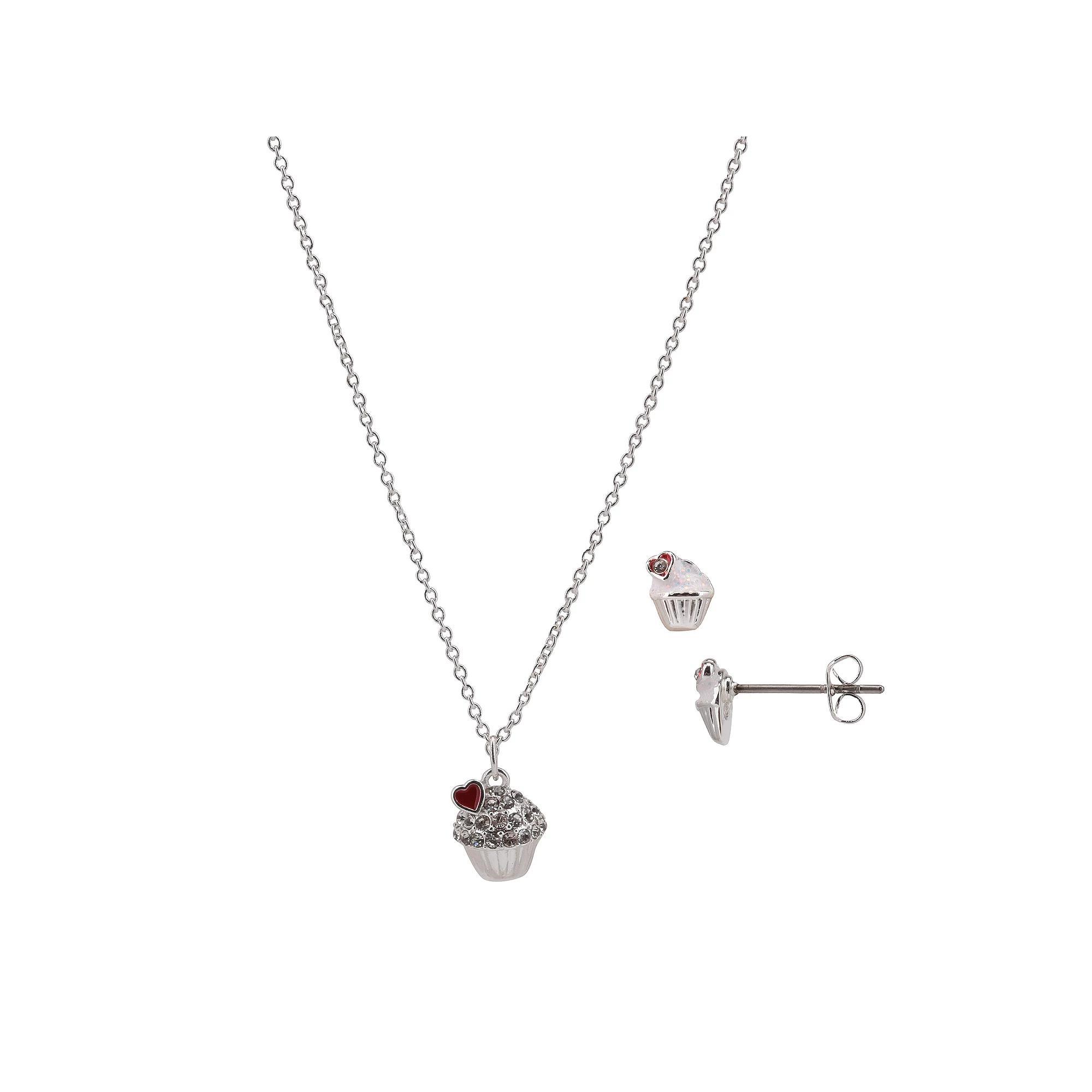 FAO Schwarz Silver Tone Crystal Cupcake Pendant Necklace & Stud Earrings Set, Women's Product Image
