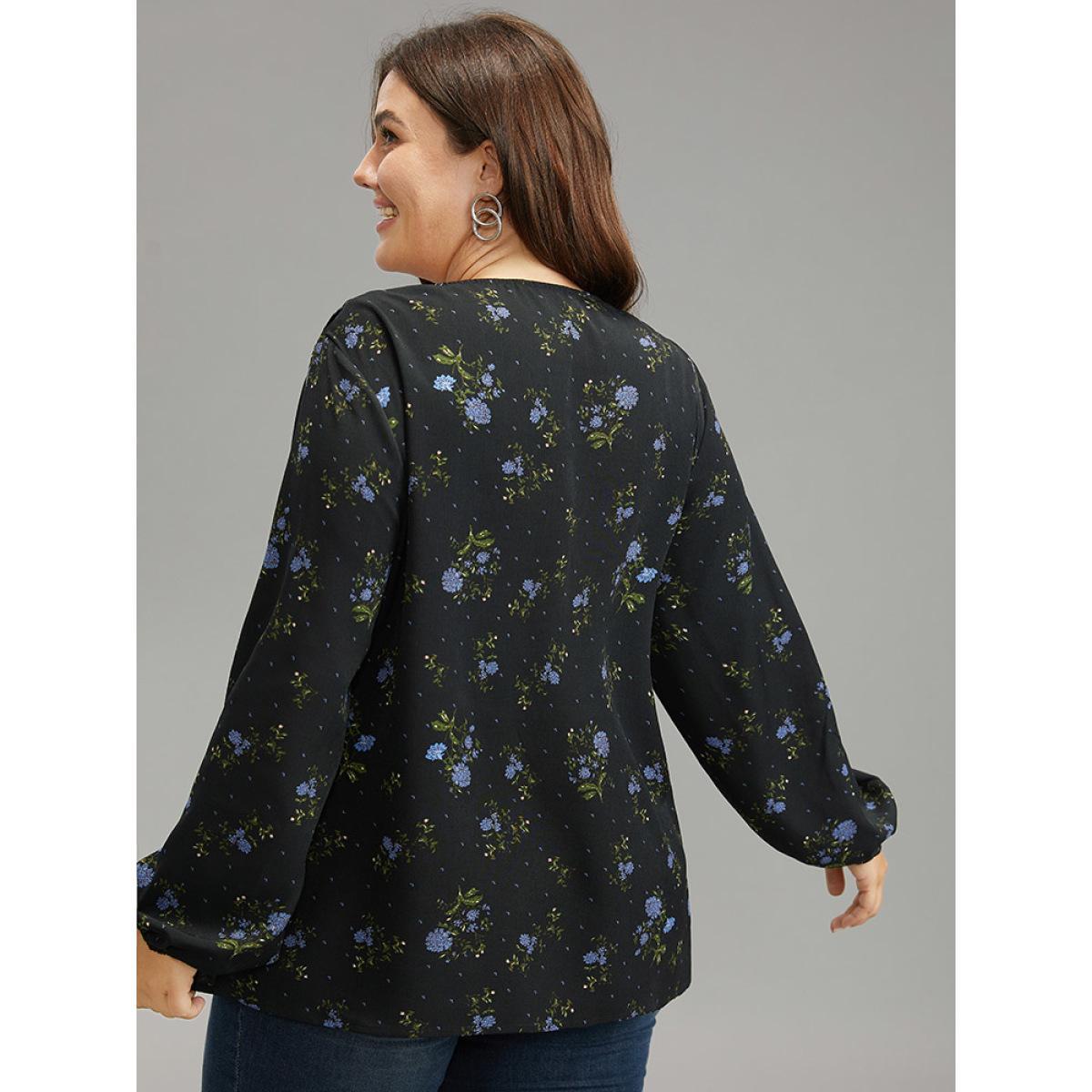 Plus Size Black Ditsy Floral Lantern Sleeve Frill Trim Blouse Women Elegant Long Sleeve V-neck Dailywear Blouses BloomChic 28/5X Product Image
