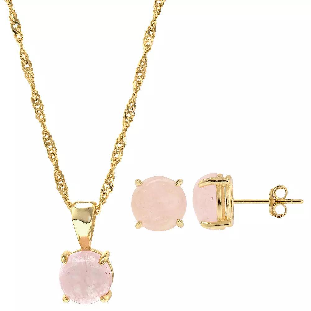 Gemistry 14k Gold Over Silver Rose Quartz Stud Earrings & Necklace Set, Women's, Size: 18", Gold Tone Product Image