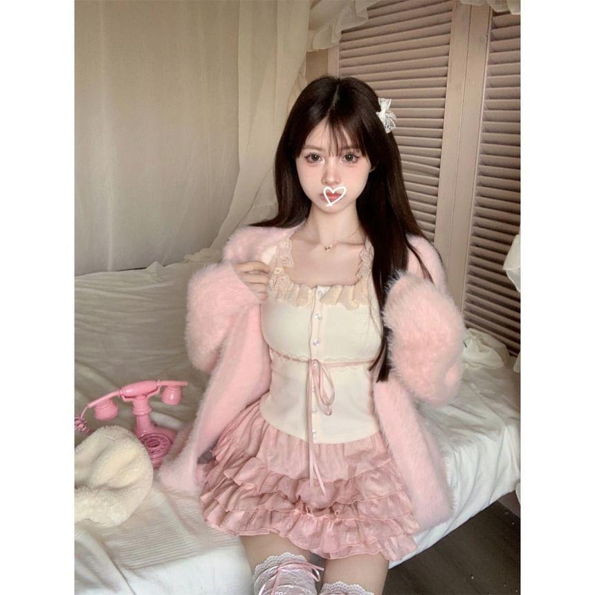 Long-Sleeve Scoop Neck Lace Trim Button-Up Crop Top / High Waist Tiered Mini A-Line Skirt / Plain Fluffy Cardigan Product Image