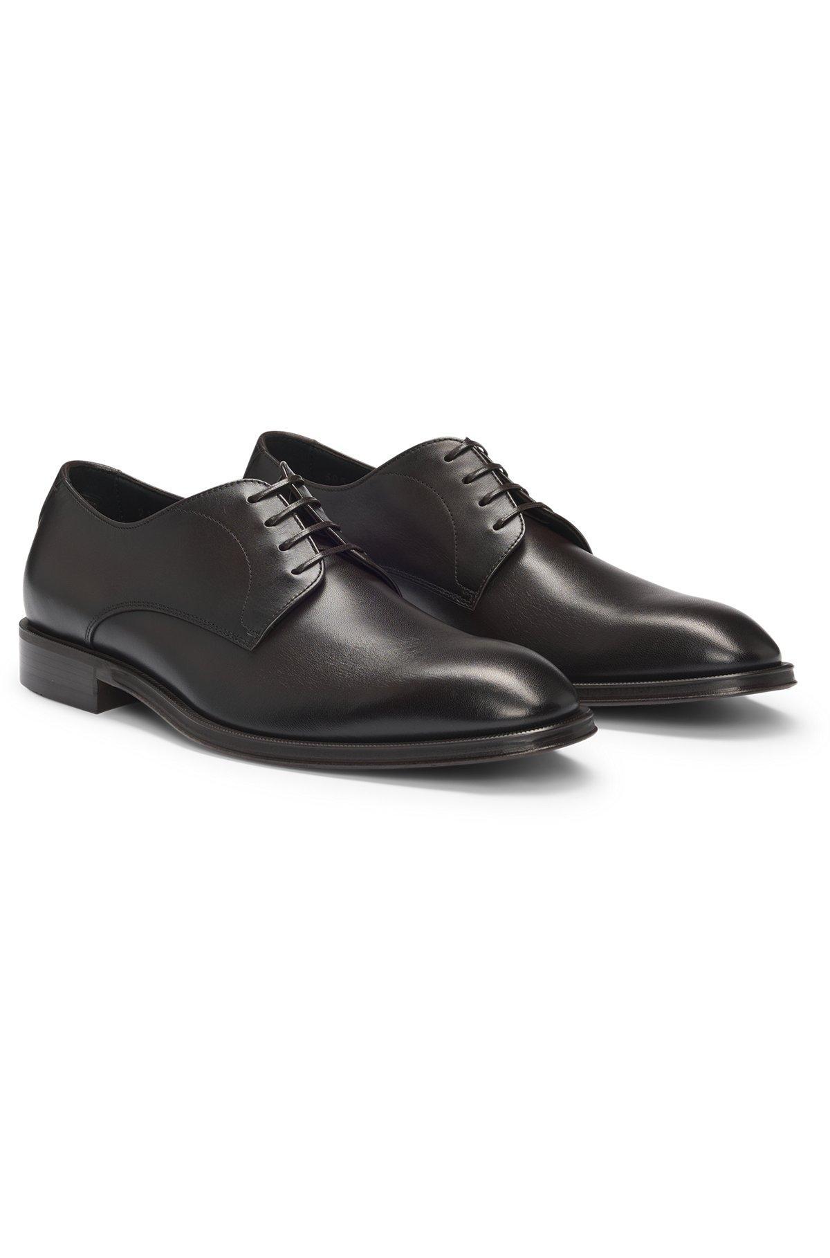 BOSS - Italian leather Derby shoes with stitching details - Dark Brown Product Image