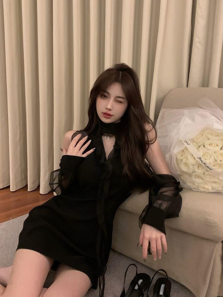 Long Sleeve Cold Shoulder Keyhole Neck Ruffle Trim Bodycon Mini Dress Product Image