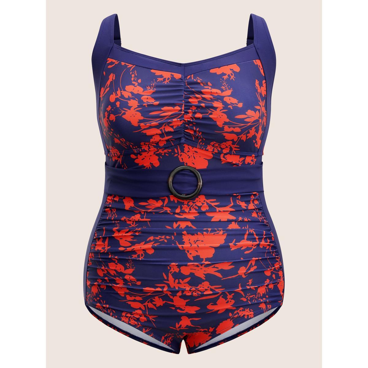 Plus Size Silhouette Floral Ruched Buckle Detail One Piece Swimsuit Women's Swimwear DarkBlue Beach Non Curve Bathing Suits High stretch One Pieces BloomChic 18-20/2X Product Image