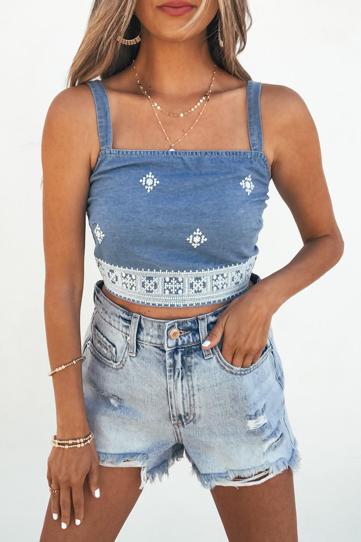 Chambray Diamond Shape Eyelet Smocked Tank Top - FINAL SALE Product Image