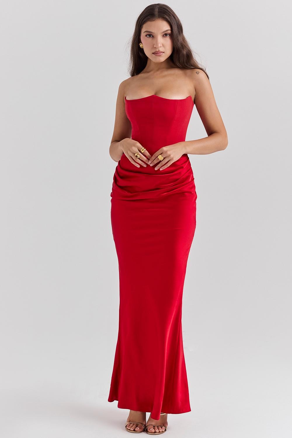 Persephone Scarlet Strapless Corset Maxi Dress Product Image