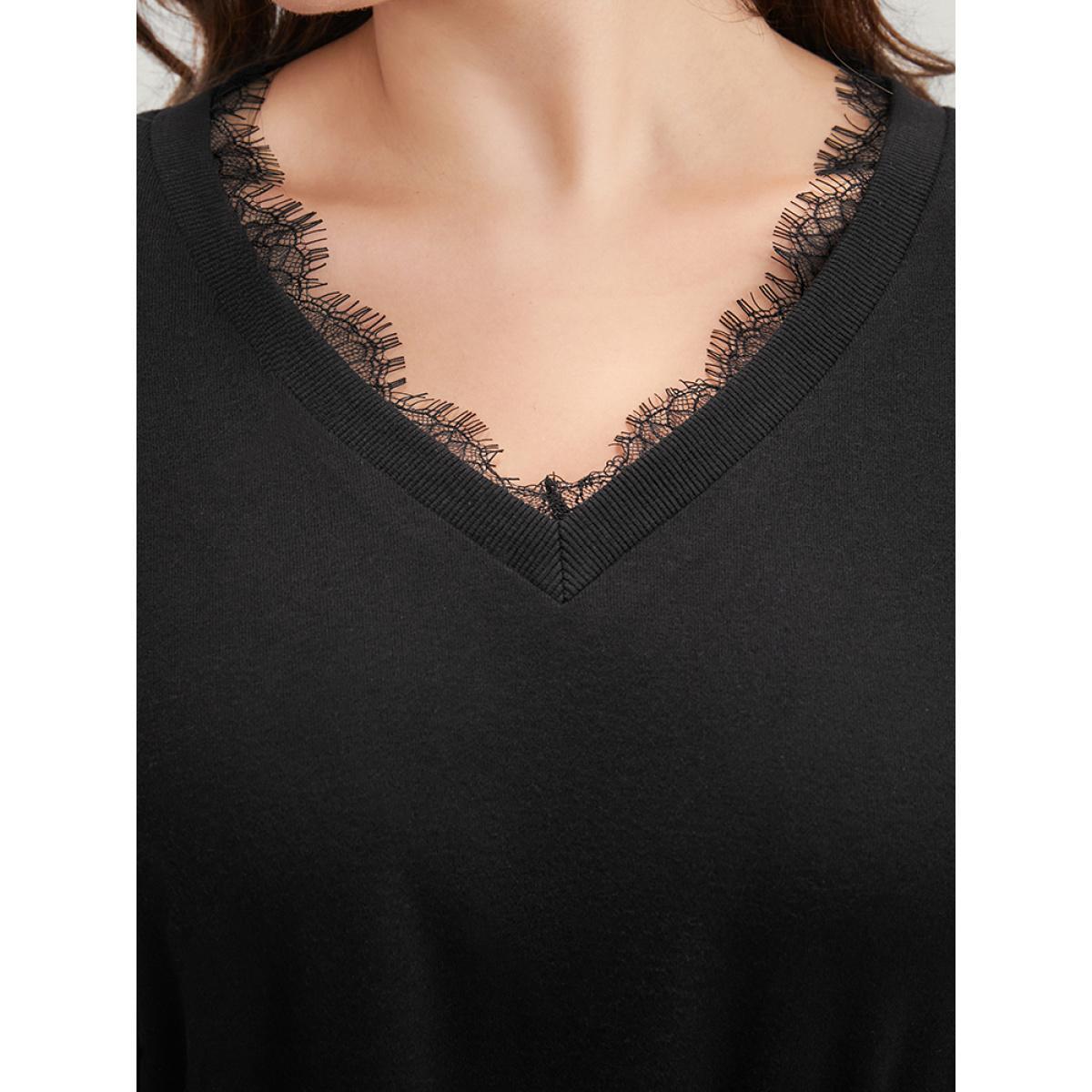 Plus Size Solid V Neck Lace Trim Drop Shoulder Sweatshirt Women Black Elegant Lace V-neck Dailywear Sweatshirts BloomChic 26/4X Product Image