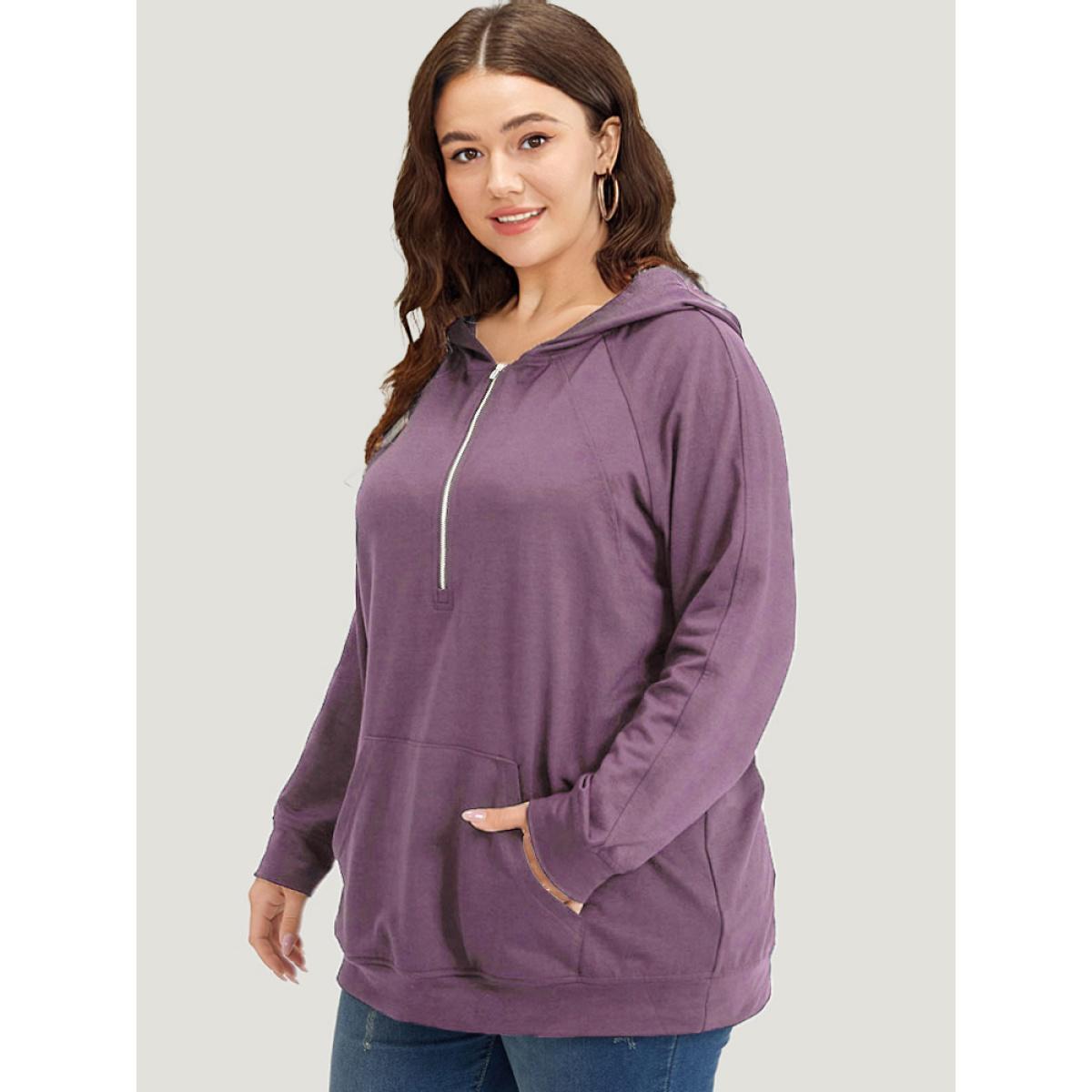 Plus Size Solid Half Zip Hooded Pocket Raglan Sleeve Sweatshirt Women Mauve Casual Elastic cuffs Hooded Dailywear Sweatshirts BloomChic 18-20/2X Product Image