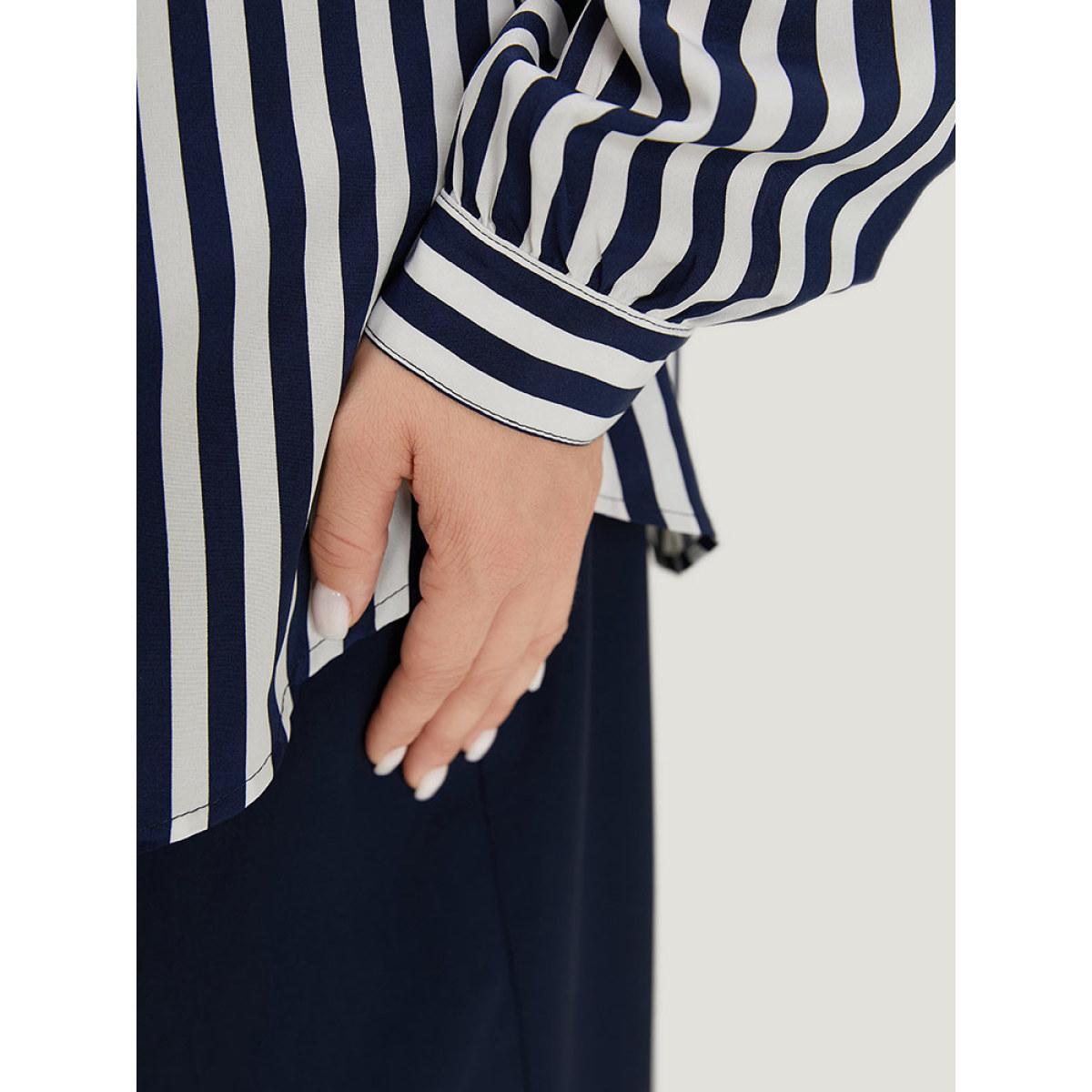 Plus Size Indigo Striped Bowknot V Neck Curved Hem Woven Top Women Office Long Sleeve Shirt collar Work Blouses BloomChic 12/L Product Image