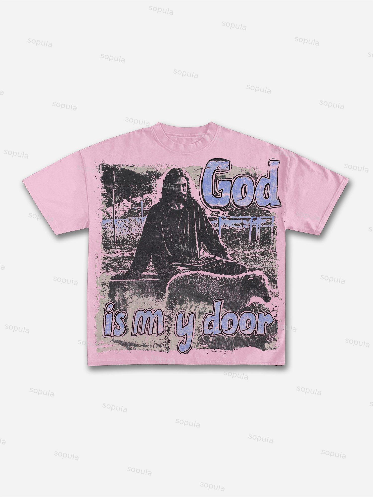 Vintage God Is My Door Jesus Graphic Print Cotton T-shirt Product Image