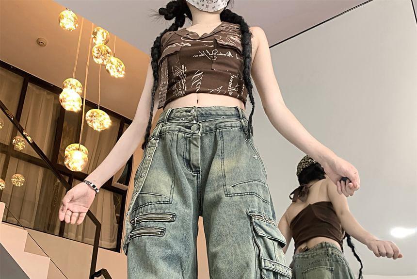 Mid Waist Washed Wide Leg Cargo Jeans Product Image