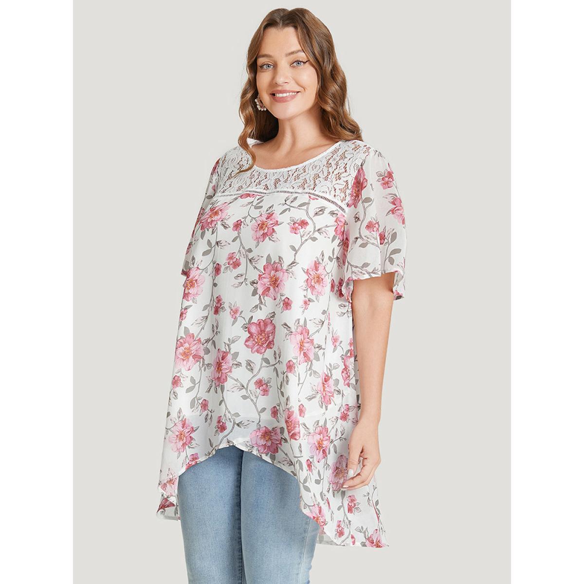 Plus Size White Floral Lace Ruffle Sleeve High Low Hem Blouse Women Elegant Short sleeve Round Neck Dailywear Blouses BloomChic 12/L Product Image