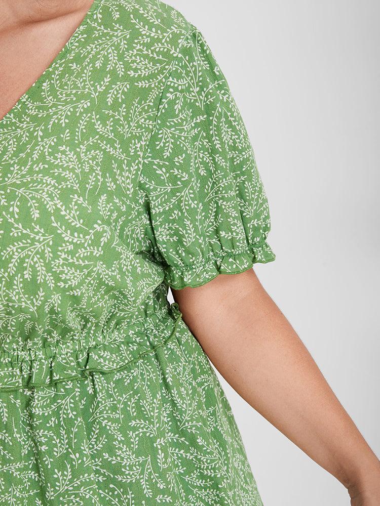 Ditsy Floral Ruffled Trim Puff Sleeve V Neck Blouse Female Product Image
