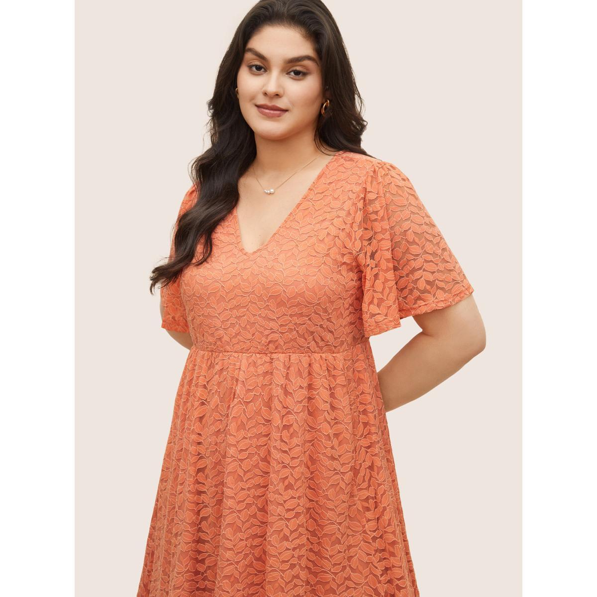 Plus Size Plain Leaf Lace Panel Mesh Texture Dress Coral Women Elegant Non V-neck Short sleeve Curvy Midi Dress BloomChic 10/M Product Image