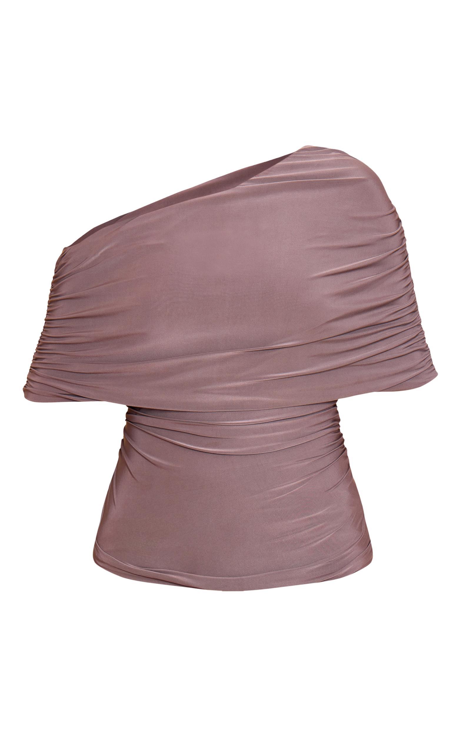 Mushroom Double Layer Slinky Ruched Bardot Long Top Product Image